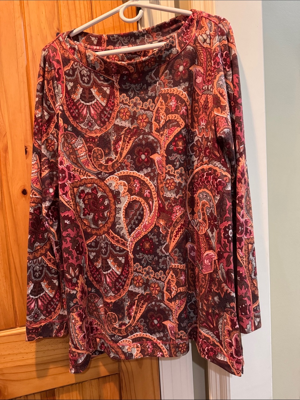 Women’s Long Sleeve Paisley Print Top - Orange/Burgundy